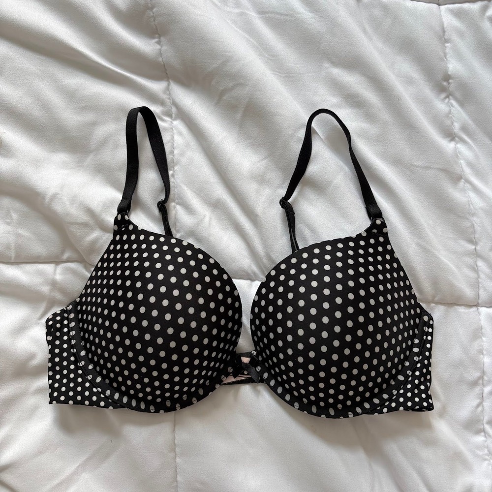 Victoria's Secret Push-Up Bra Womens 36C Black White Polka Dot Feminine Deainty‎